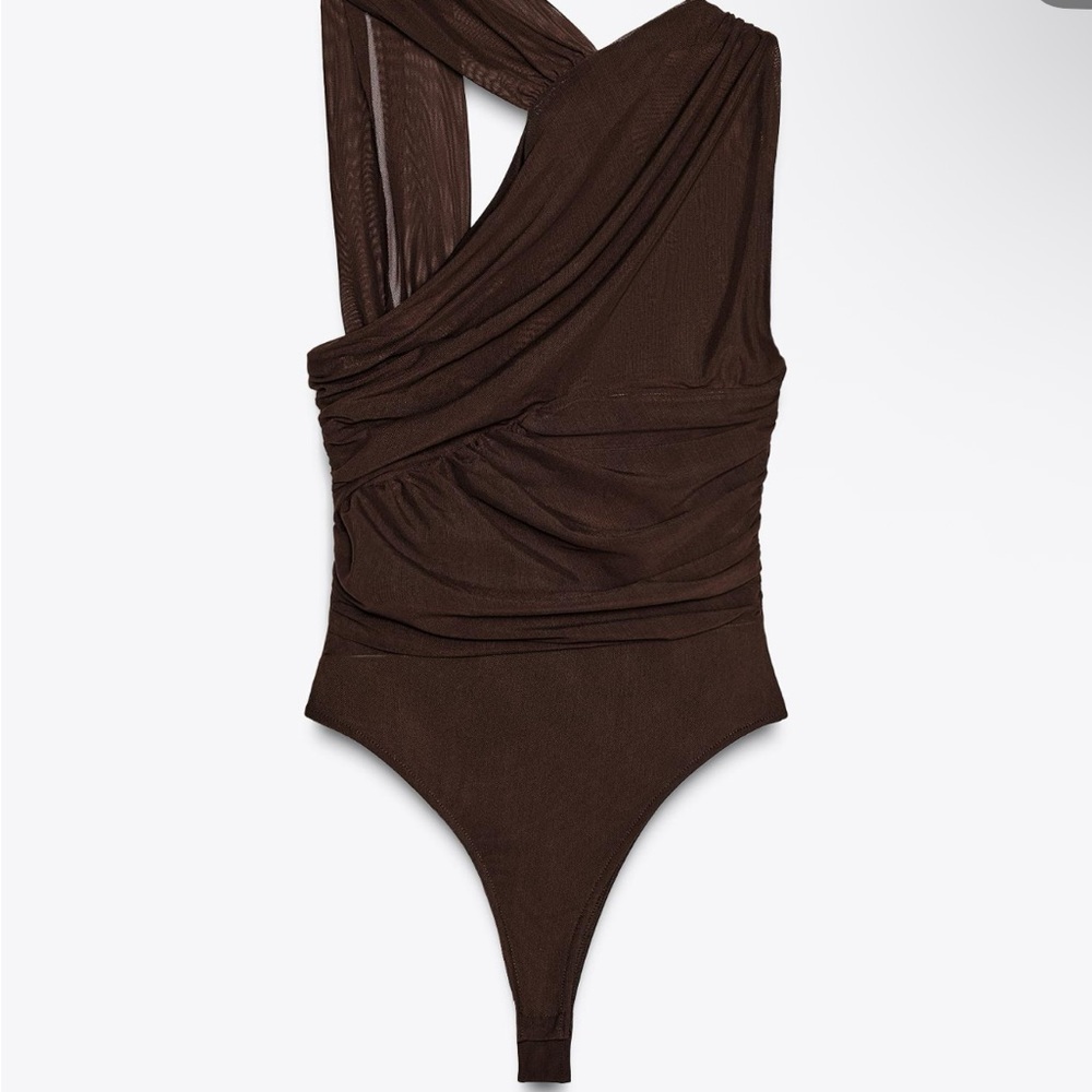 Zara Brown Asymmetrical Bodysuit with Ruched Waist